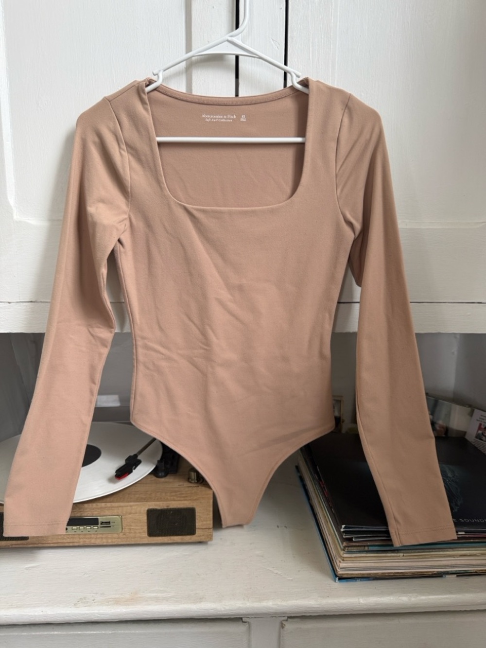 Abercrombie & Fitch Long Sleeve Square Neck Bodysuit in Beige
